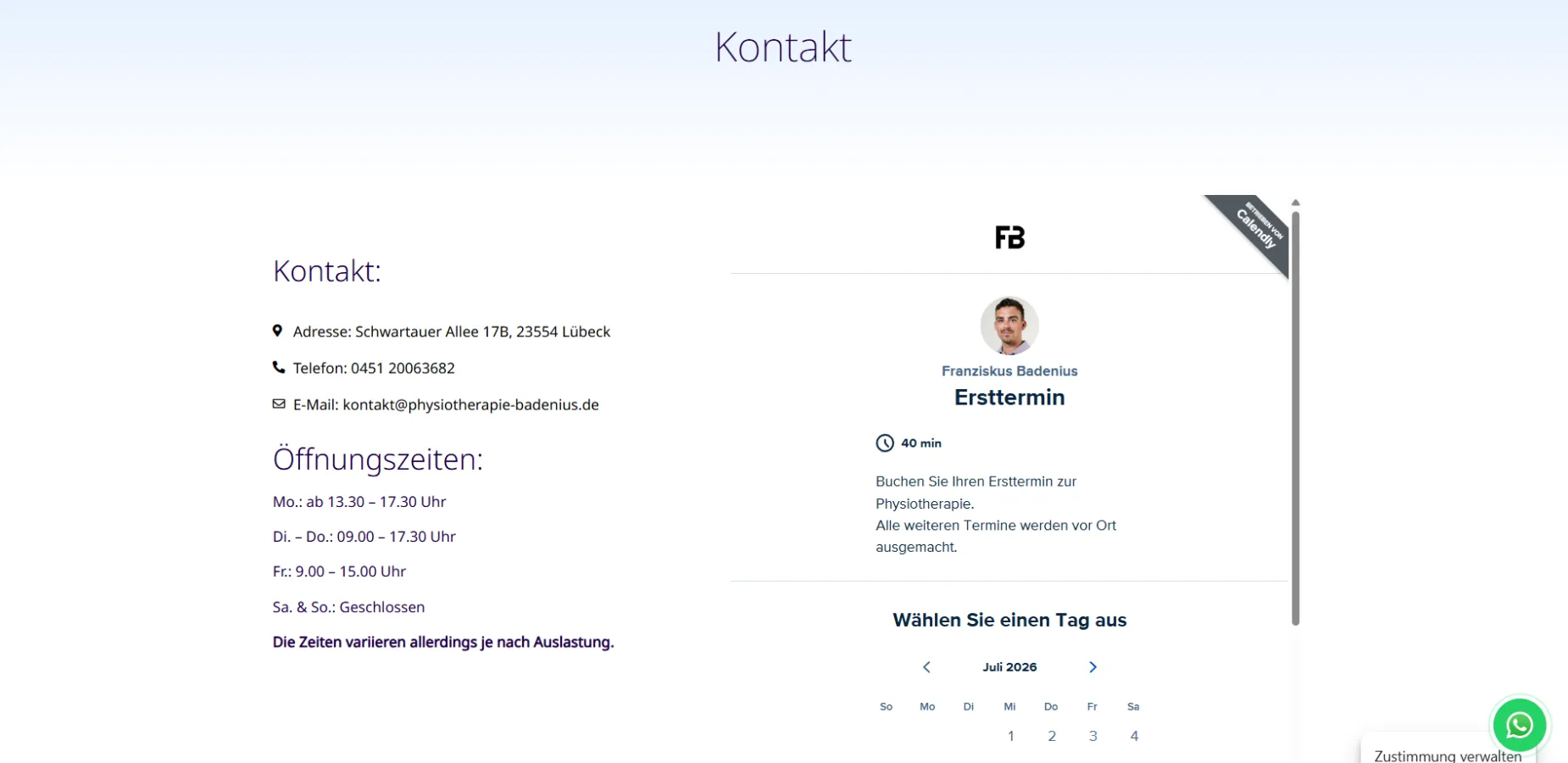 Physiotherapie Badenius Portfolio Kontakt